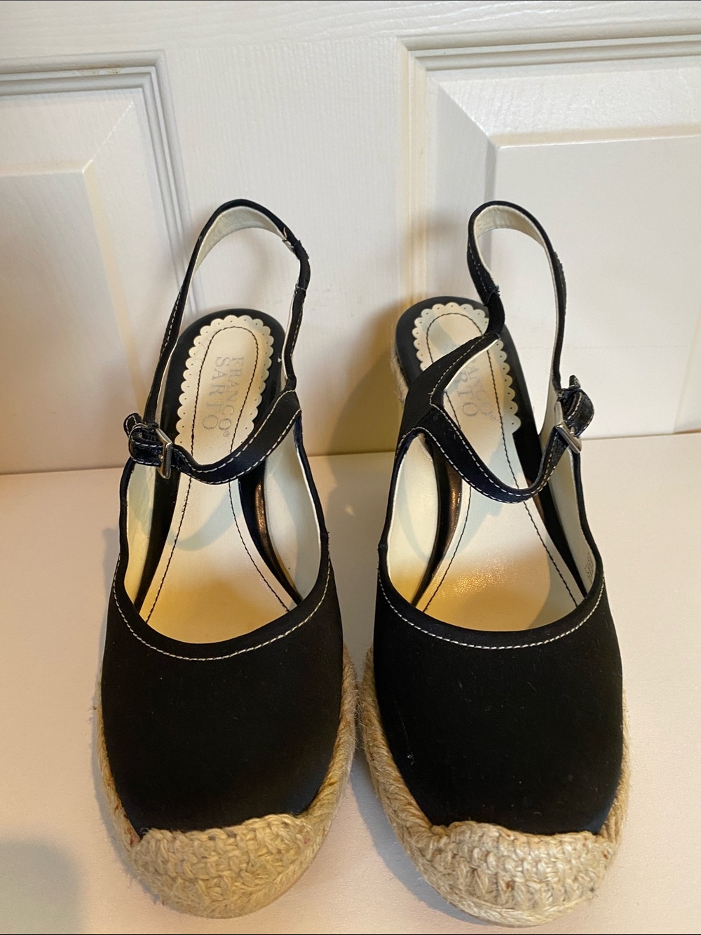 Franco Sarto Black and Cream Espadrille Wedge Slingbacks